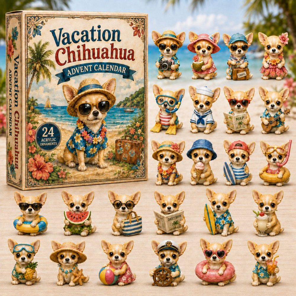 Vacation Chihuahua 24-Day Advent Calendar With Acrylic Tiny Dog Charms — 2026 Playful Gift For Chihuahua Fans & Collectors