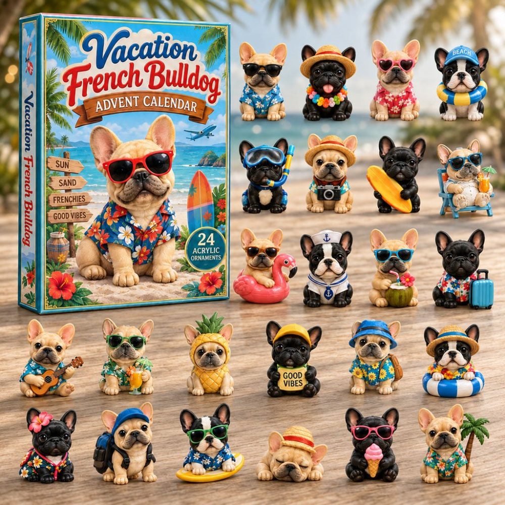 Vacation Frenchie Summer Escape Countdown — 24 Vacation-Themed Acrylic Charms, Fun Advent Gift For Dog Lovers 2026