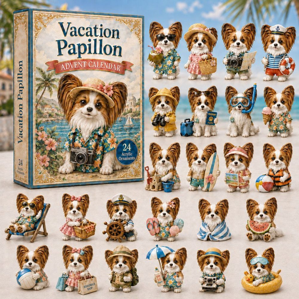 Papillon Vacation Advent Calendar 2026 — 24-Day Acrylic Charm Countdown, Elegant Travel-Themed Gift For Dog Fans