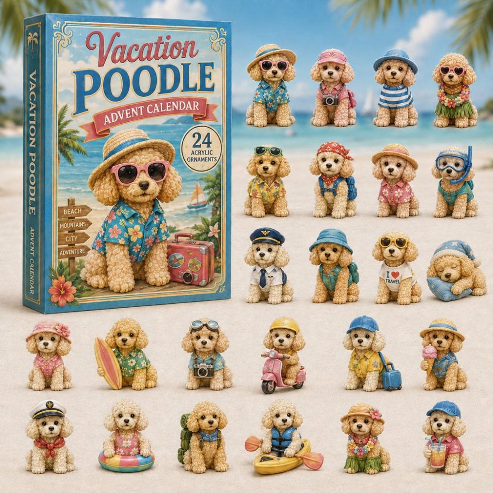Vacation Poodle 2026 Advent Countdown — 24-Day Travel-Themed Acrylic Charm Calendar, Fun Gift For Poodle & Travel Lovers
