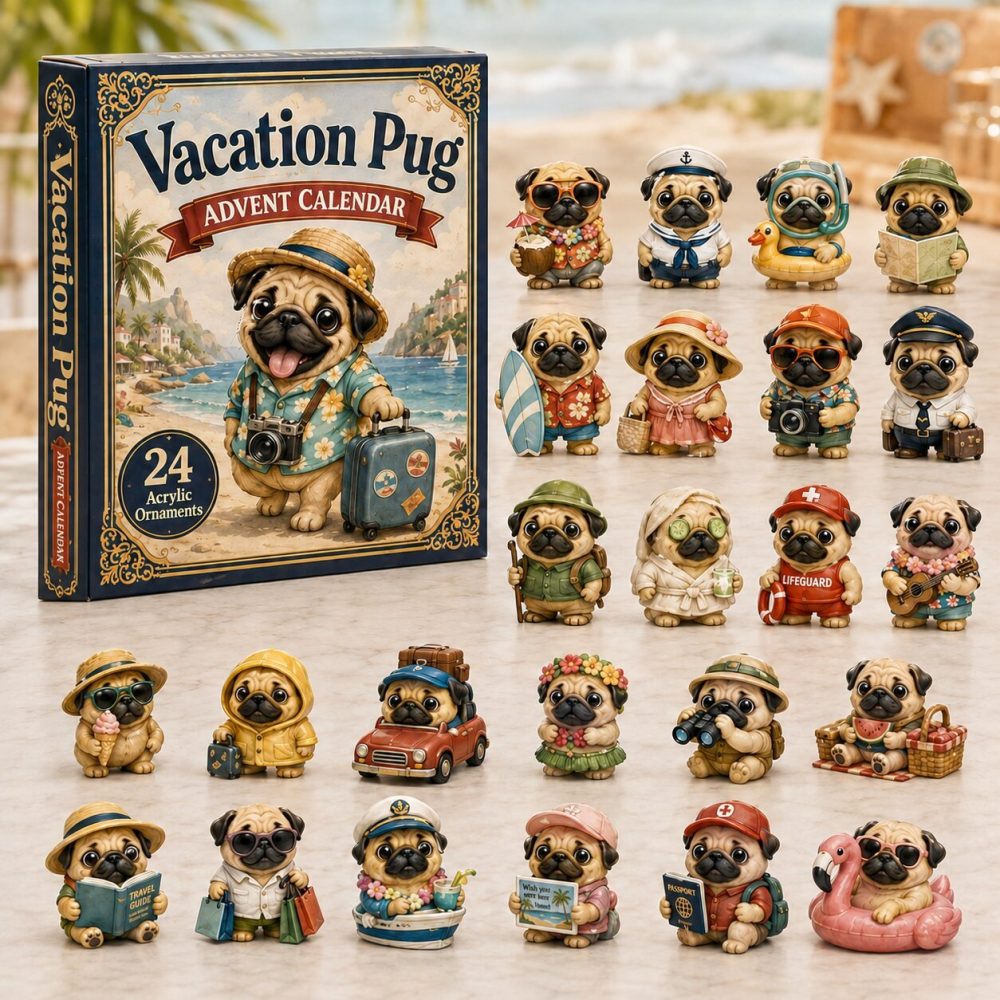 Pug Vacation Advent Calendar 2026 — 24-Day Acrylic Charm Countdown For Pug Fans, Cute Travel-Themed Holiday Gift