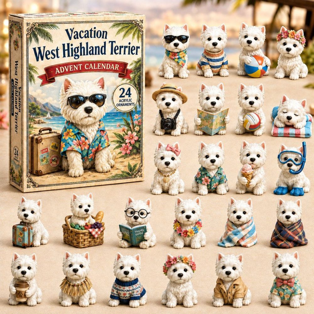 Vacation West Highland Terrier 24-Day Advent Countdown With Acrylic Dog Charms — 2026 Travel-Themed Gift For Terrier Fans