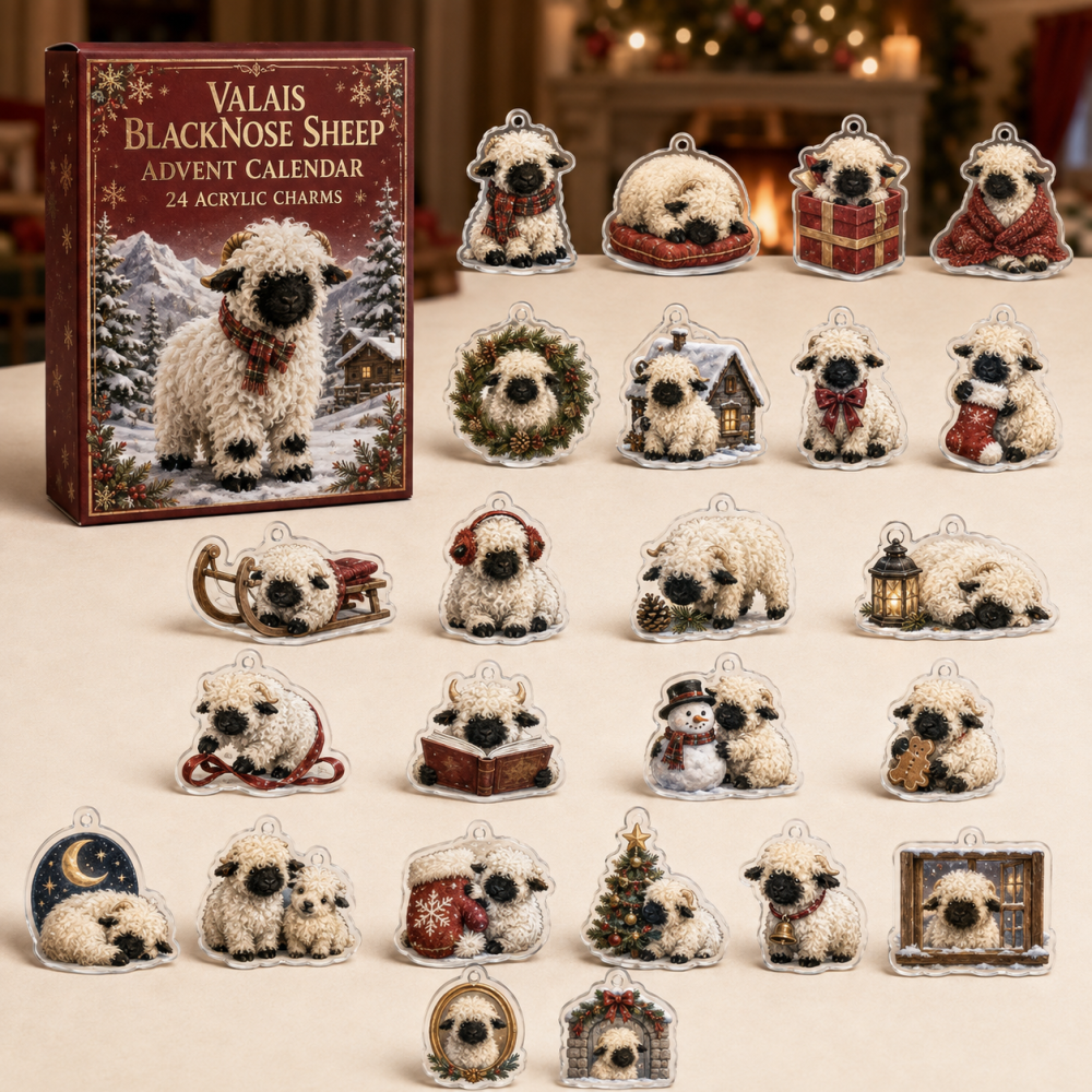 Valais Blacknose Sheep Holiday Charm Set — 24 Acrylic Days For Cute Farm Lovers, Unique Advent Ornaments & Giftable Keepsakes