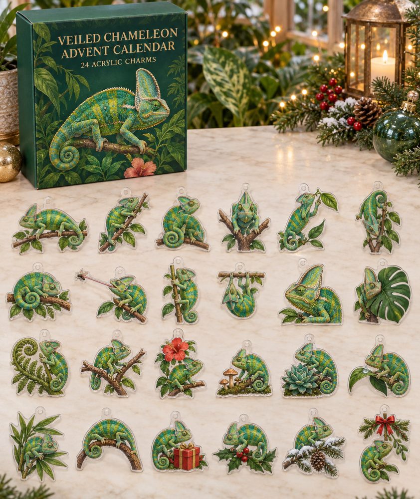 Veiled Chameleon 24-Day Acrylic Charm Countdown Calendar — Unique Reptile Gift Set For Chameleon Fans, Crafting & Holiday Surprises
