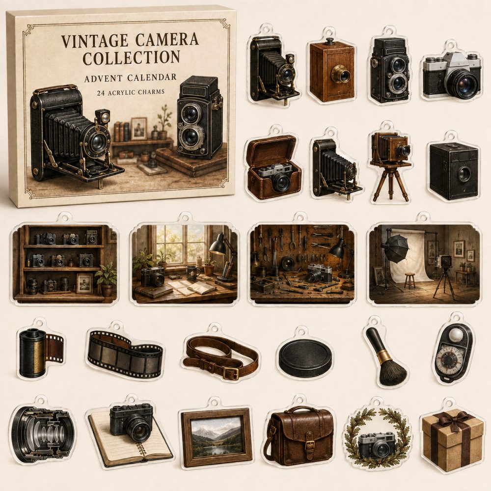 24-Day Vintage Camera Charm Countdown Calendar — Acrylic Collectible Set For Photographers, Holiday Gift & Display