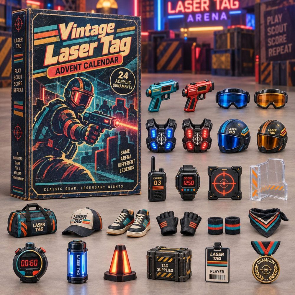 Retro Vintage Laser Tag Advent Calendar 2026 - 24-Day Gamer Countdown With Acrylic Charms, Collectible Holiday Gift