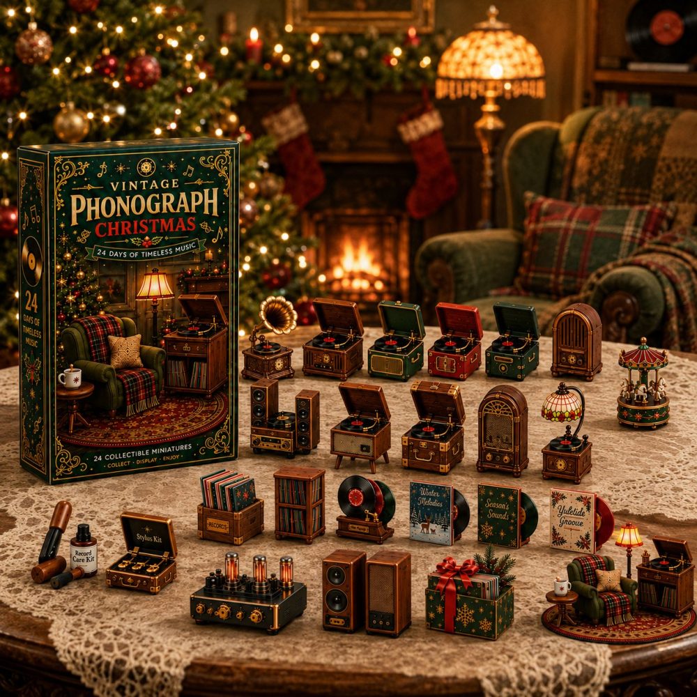 Vintage Phonograph 24-Day Christmas Countdown Calendar 2026 — Retro Music Acrylic Charms, Nostalgic Holiday Gift