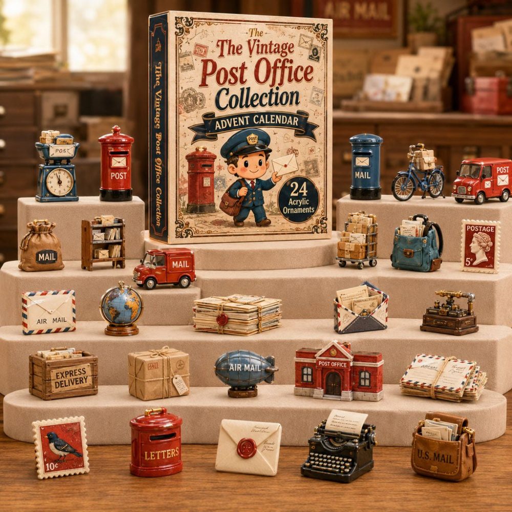 Vintage Post Office Advent Calendar 2026 - 24-Day Acrylic Charms Countdown , Collectible Gift For Stamp Collectors