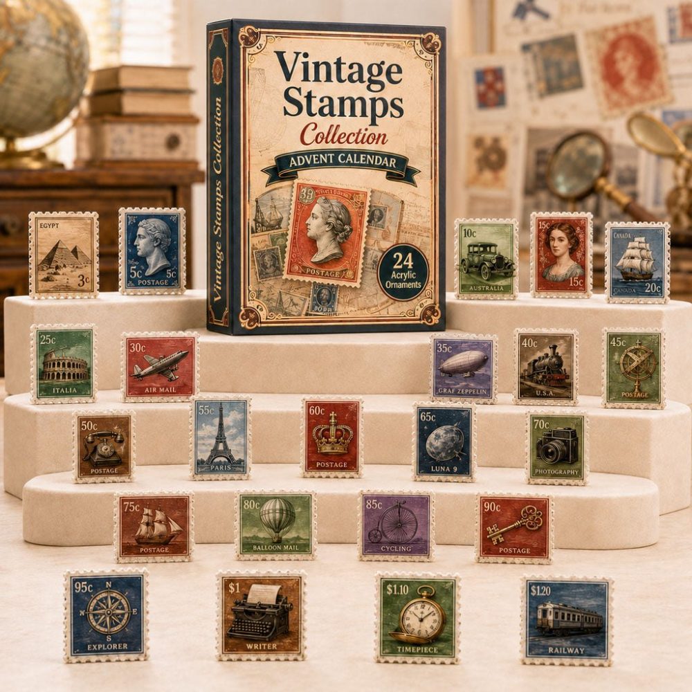 Vintage Stamps Collector Countdown 2026 — 24-Day Advent With Acrylic Retro Stamp Charms, Timeless Gift For Philatelists