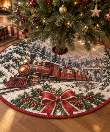 Vintage Toy Train Quilted Tree Skirt - Classic Toy Train & Retro Holiday Motif Christmas Tree Skirt For Nostalgic Decor