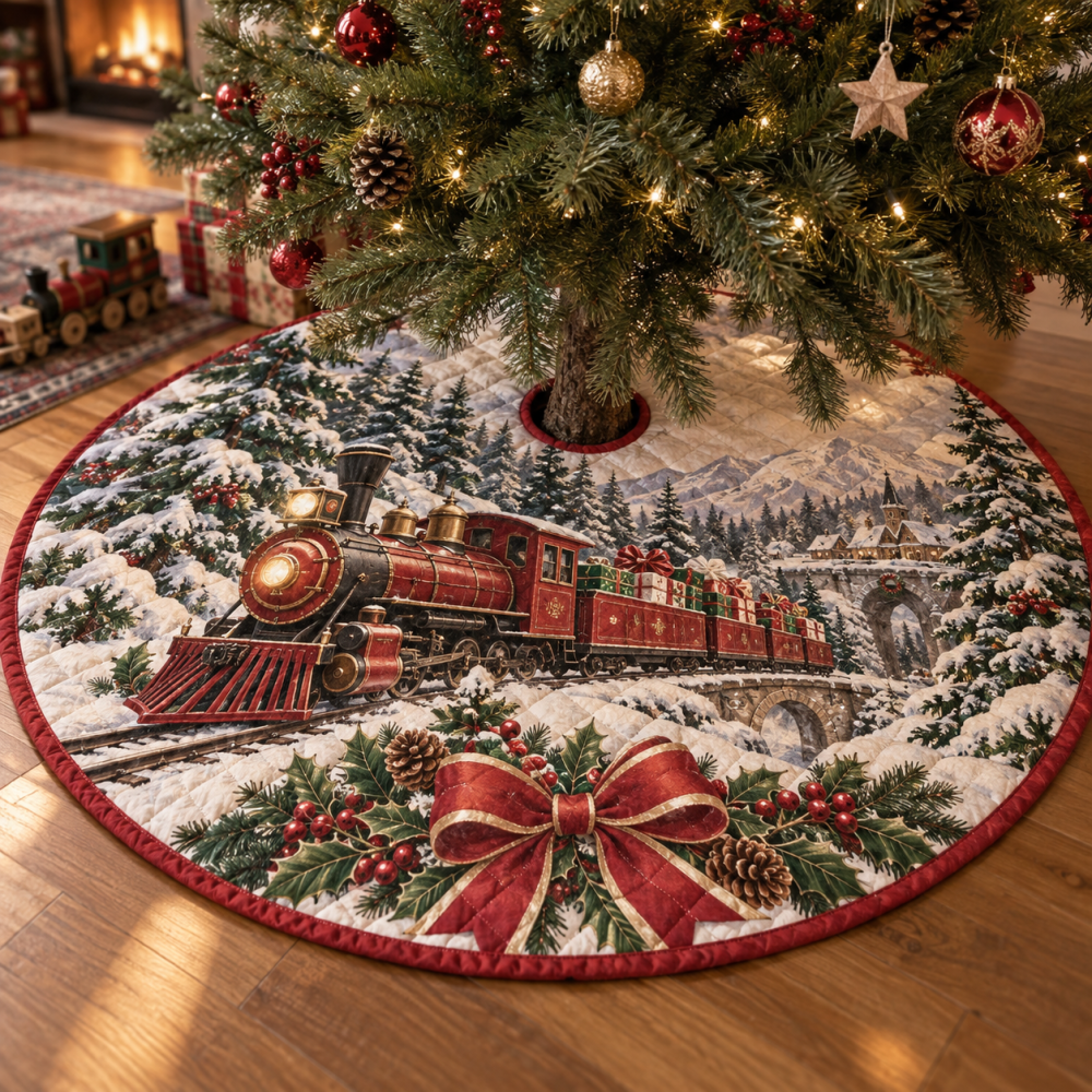 Vintage Toy Train Quilted Tree Skirt - Classic Toy Train & Retro Holiday Motif Christmas Tree Skirt For Nostalgic Decor