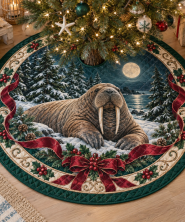 Walrus Heritage Quilted Christmas Tree Skirt — 48" Round Premium Coastal Holiday Decor, Plush Lining, Machine-Washable, Gift-Ready
