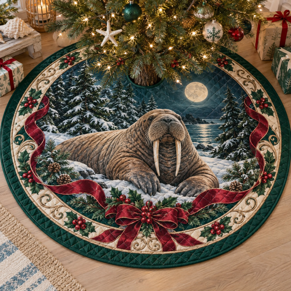 Walrus Heritage Quilted Christmas Tree Skirt — 48" Round Premium Coastal Holiday Decor, Plush Lining, Machine-Washable, Gift-Ready