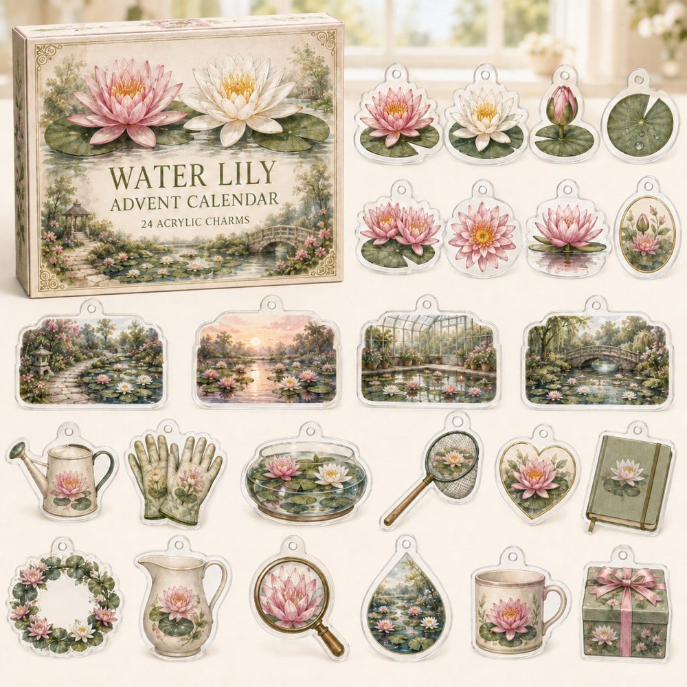 Water Lily Botanical Countdown — 24 Acrylic Floral Charms, Elegant Plant-Themed Advent Gift For Garden & Nature Lovers