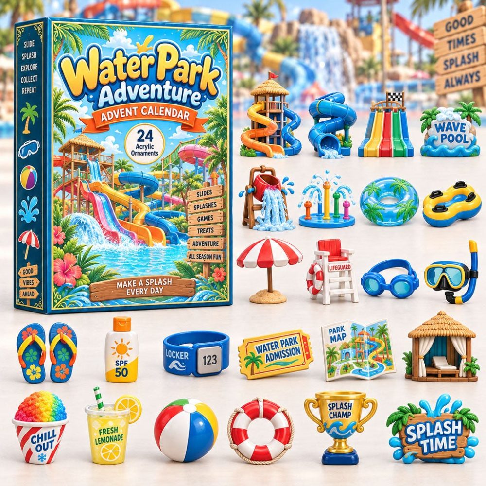 Water Park Holiday Countdown 2026 - 24 Splashy Acrylic Charms For Kids, Reusable Summer-Themed Advent Gift & Decor
