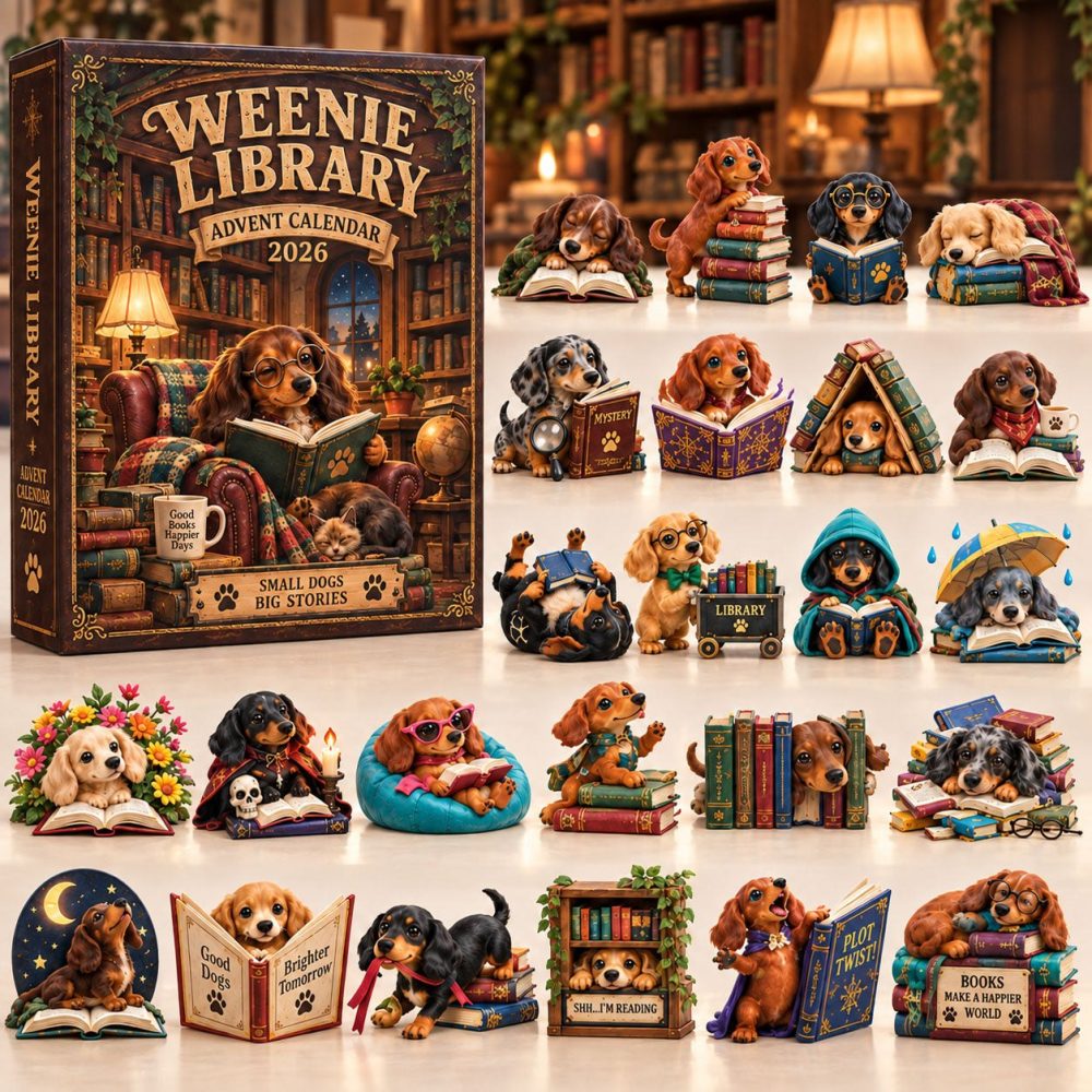 Booklover Weenie Library 24-Day Countdown Calendar 2026 – Acrylic Book Charms, Mini Library Advent, Gift For Readers & Dachshund Fans
