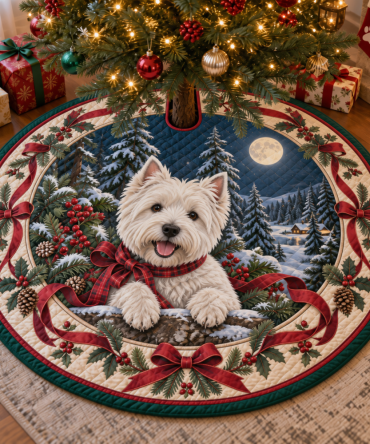 Cheerful Quilted Holiday Tree Skirt With West Highland Terrier Design — Durable, Pet-Friendly Christmas Decor & Easy-Care Fabric