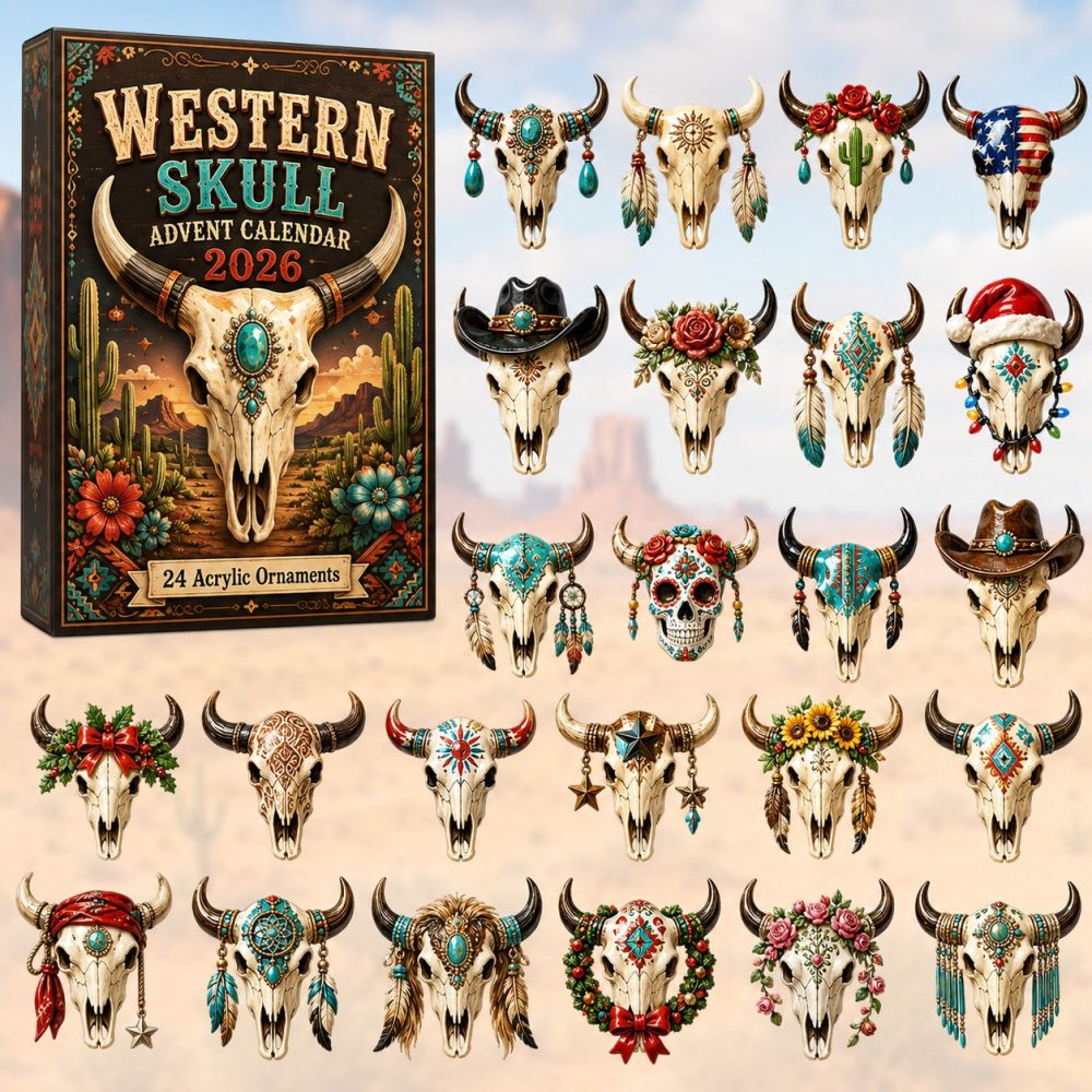 Western Skull 2026 24-Day Acrylic Charm Countdown — Bold Western Skull Collector Calendar & Edgy Holiday Gift
