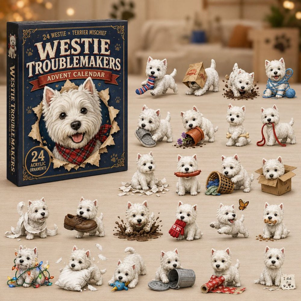 Westie Troublemakers Advent 2026 — 24 Acrylic Charm Countdown Featuring Mischievous West Highland Terriers, Unique Gift
