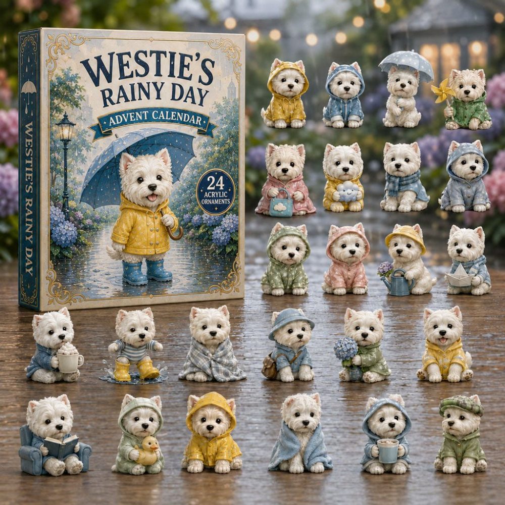 Westie Rainy Day Advent 2026 — 24 Acrylic Charm Countdown Featuring Playful West Highland Terrier Scenes, Perfect Gift