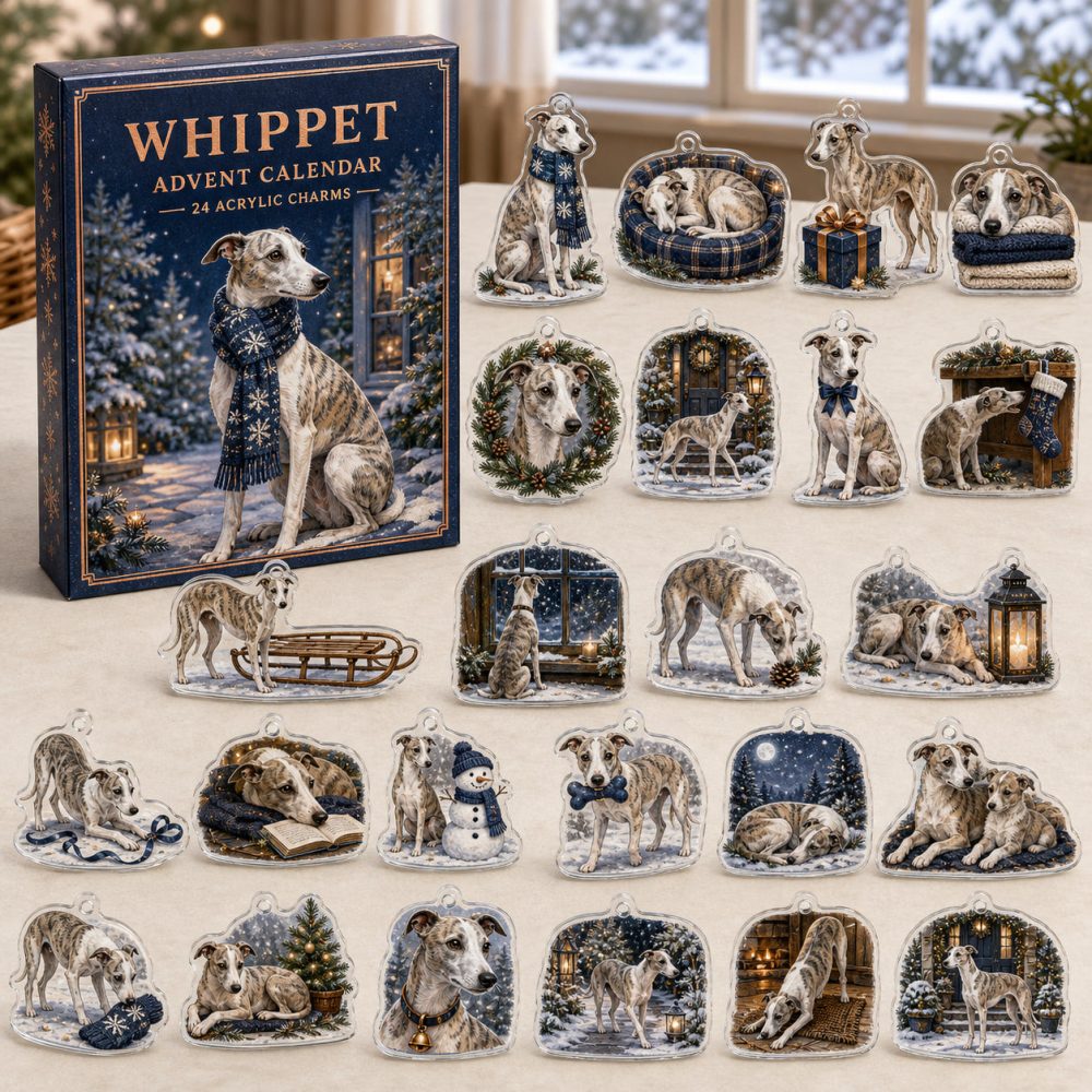 Whippet Holiday Countdown Collection — 24 Sleek Acrylic Dog Charms, Stylish Advent Gift For Whippet Owners & Breed Fans