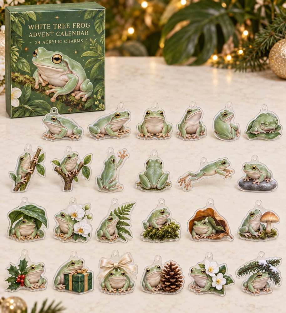 Premium Holiday Countdown Set — 24 Collectible White Tree Frog Acrylic Charms , Gift, Keychains, Stocking Stuffers