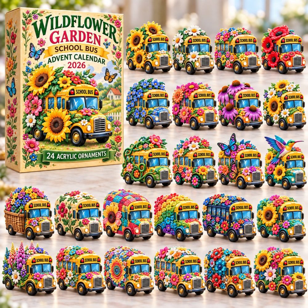 2026 Wildflower School Bus Advent Calendar — 24-Day Floral Countdown With 24 Acrylic Charms, Charming Kids & Teacher Gift