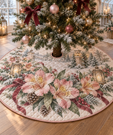 Luxurious Quilted Christmas Tree Skirt - Alstroemeria Floral Print Holiday Tree Collar, 48 Inch Round, Soft Living Room Accent