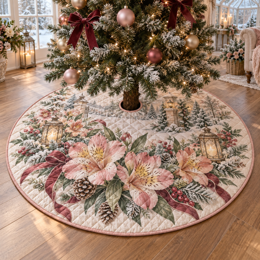 Luxurious Quilted Christmas Tree Skirt - Alstroemeria Floral Print Holiday Tree Collar, 48 Inch Round, Soft Living Room Accent
