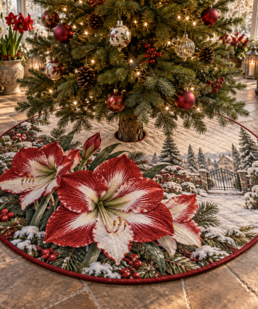 Plush Quilted Tree Skirt With Amaryllis Motif - Elegant Christmas Tree Base Cover, Soft Holiday Centerpiece, Easy Maintenance
