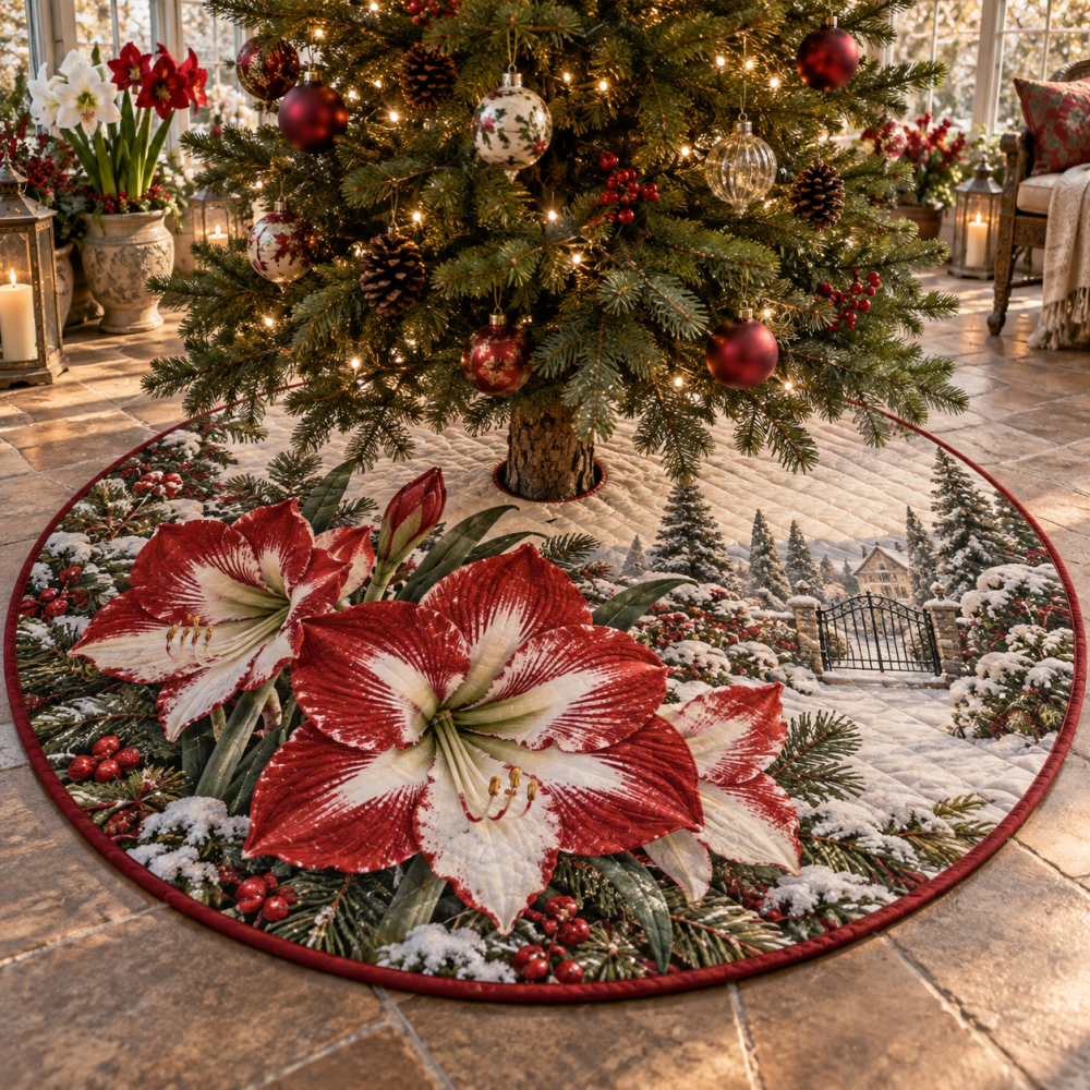 Plush Quilted Tree Skirt With Amaryllis Motif - Elegant Christmas Tree Base Cover, Soft Holiday Centerpiece, Easy Maintenance