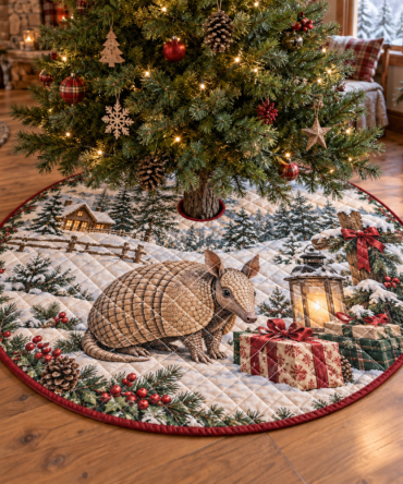 Quilted Holiday Tree Skirt — Winter Armadillo Inspired Pattern, Durable Patchwork Base Cover For Unique Festive Styling