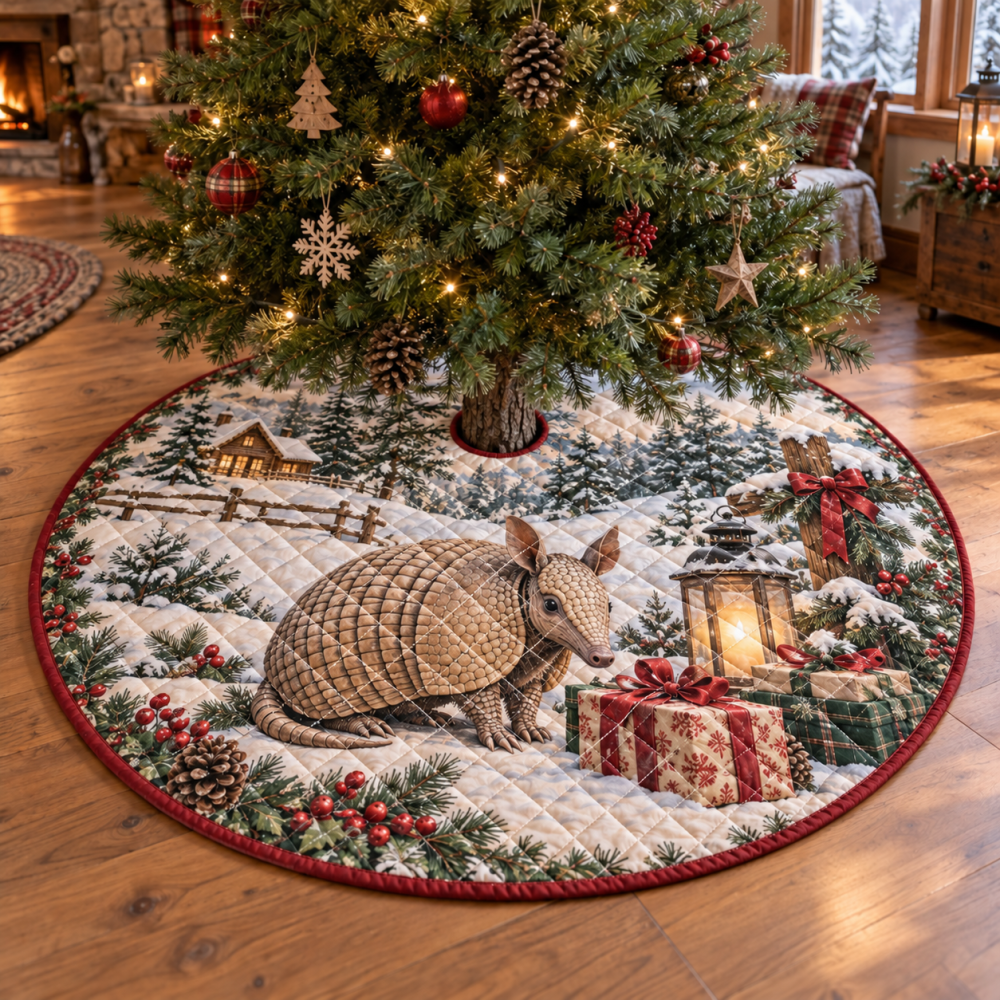 Quilted Holiday Tree Skirt — Winter Armadillo Inspired Pattern, Durable Patchwork Base Cover For Unique Festive Styling