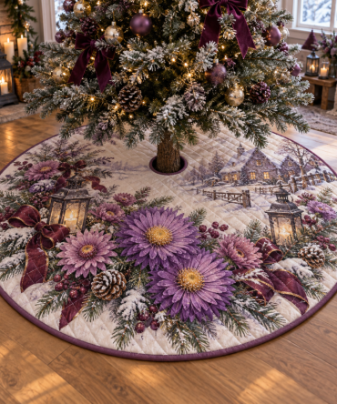Luxurious Quilted Holiday Tree Skirt — Winter Aster Floral Base Cover For Christmas Trees, Soft Patchwork Festive Décor