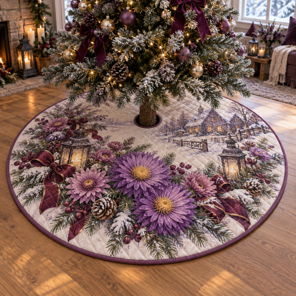 Luxurious Quilted Holiday Tree Skirt — Winter Aster Floral Base Cover For Christmas Trees, Soft Patchwork Festive Décor