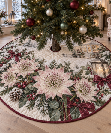 Luxurious Quilted Christmas Tree Skirt - Astrantia Floral Print Holiday Tree Collar, 48 Inch Round, Cozy Living Room Accent