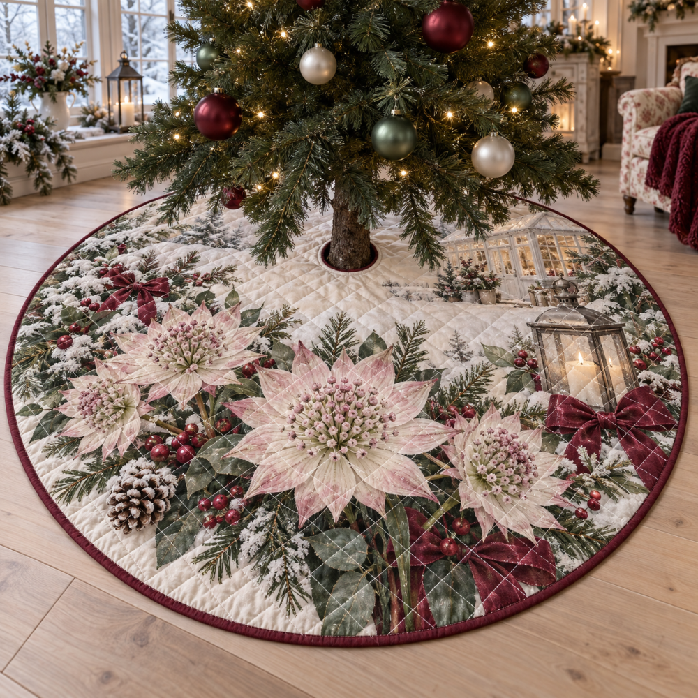Luxurious Quilted Christmas Tree Skirt - Astrantia Floral Print Holiday Tree Collar, 48 Inch Round, Cozy Living Room Accent