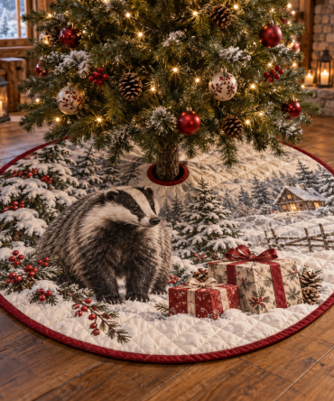 Charming Quilted Christmas Tree Skirt — Winter Badger Scene, 48" Heavy-Duty Quilting, Protective Lining, Rustic Holiday Home Accent