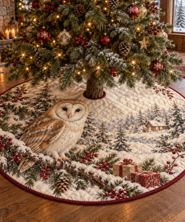 Hand-Quilted Barn Owl Tree Skirt — Winter Woodland Christmas Tree Skirt, Luxe Cotton Blend, Soft Holiday Home Accent