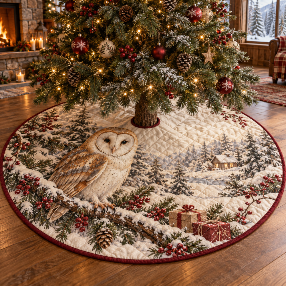 Hand-Quilted Barn Owl Tree Skirt — Winter Woodland Christmas Tree Skirt, Luxe Cotton Blend, Soft Holiday Home Accent