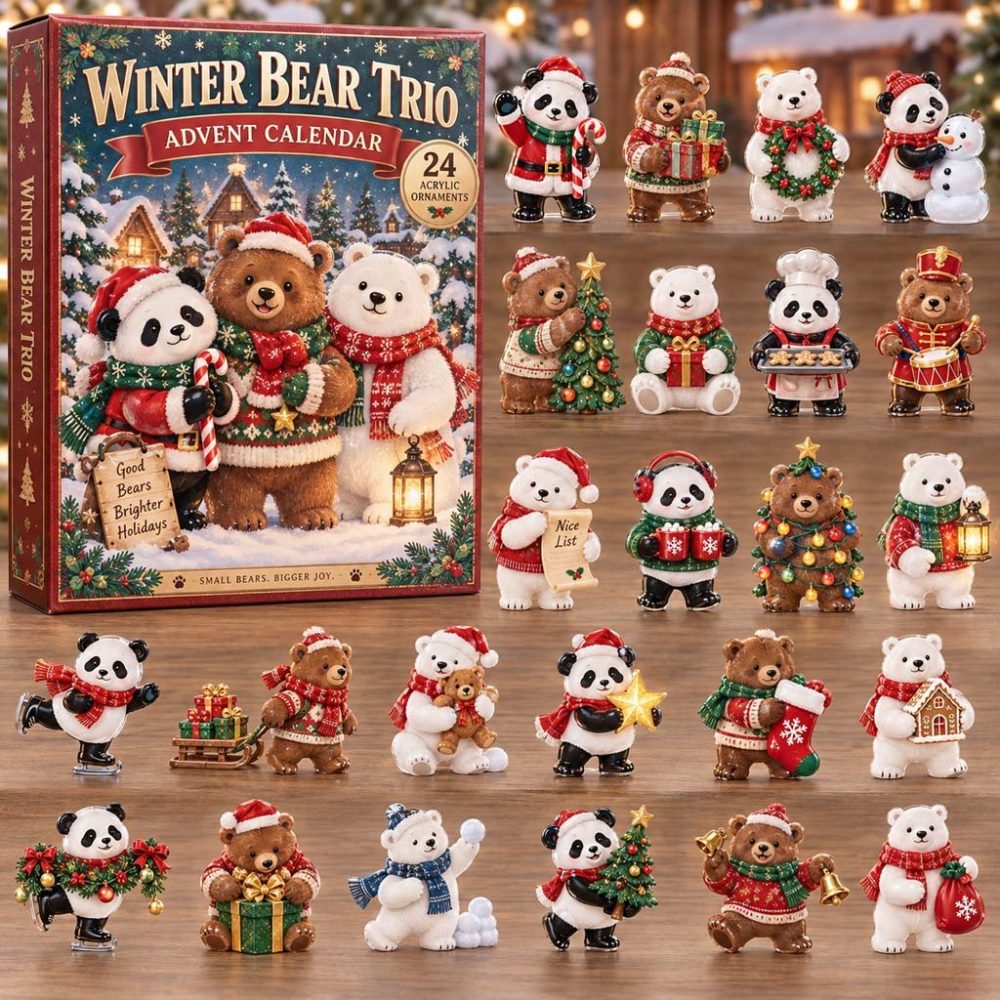Winter Bear Trio 2026 Advent Calendar — 24-Day Cozy Countdown With 24 Acrylic Bear Charms, Rustic Holiday Decor & Gift-Ready Package