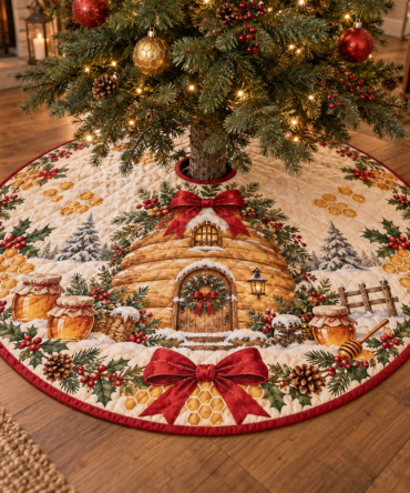 Winter Beekeeper Quilted Christmas Tree Skirt — Honeybee & Hive Holiday Décor, Eco-Friendly Quilting, Soft Cotton-Blend, Ideal For Nature Lovers