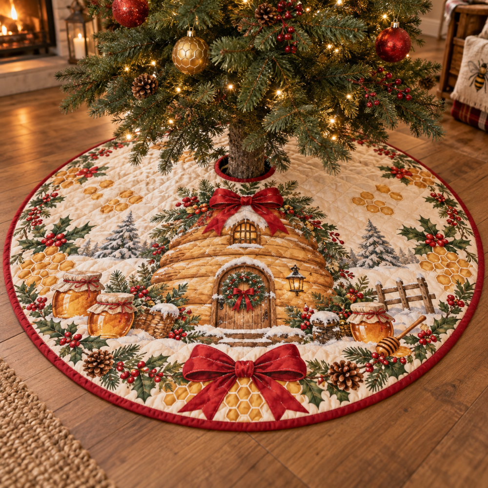 Winter Beekeeper Quilted Christmas Tree Skirt — Honeybee & Hive Holiday Décor, Eco-Friendly Quilting, Soft Cotton-Blend, Ideal For Nature Lovers