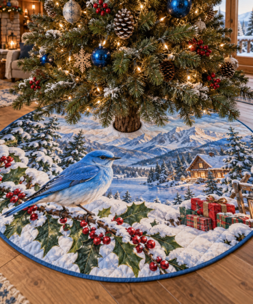 48-Inch Quilted Christmas Tree Skirt With Bluebird Motif — Cheerful Holiday Tree Skirt, Plush, Reversible & Machine-Washable