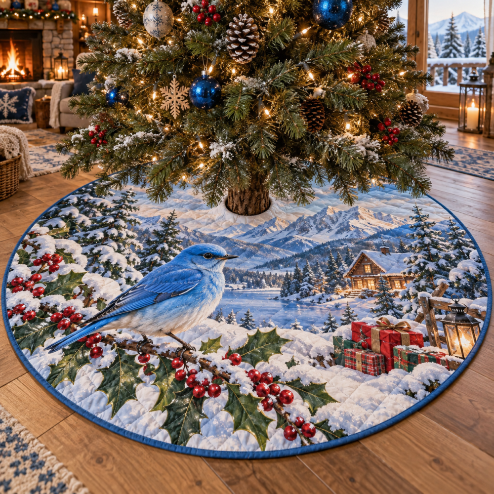 48-Inch Quilted Christmas Tree Skirt With Bluebird Motif — Cheerful Holiday Tree Skirt, Plush, Reversible & Machine-Washable