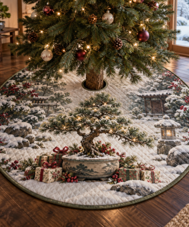 Artisan Quilted Bonsai Christmas Tree Skirt — 48-Inch Winter Bonsai Motif Holiday Tree Cover For Zen-Inspired Decor