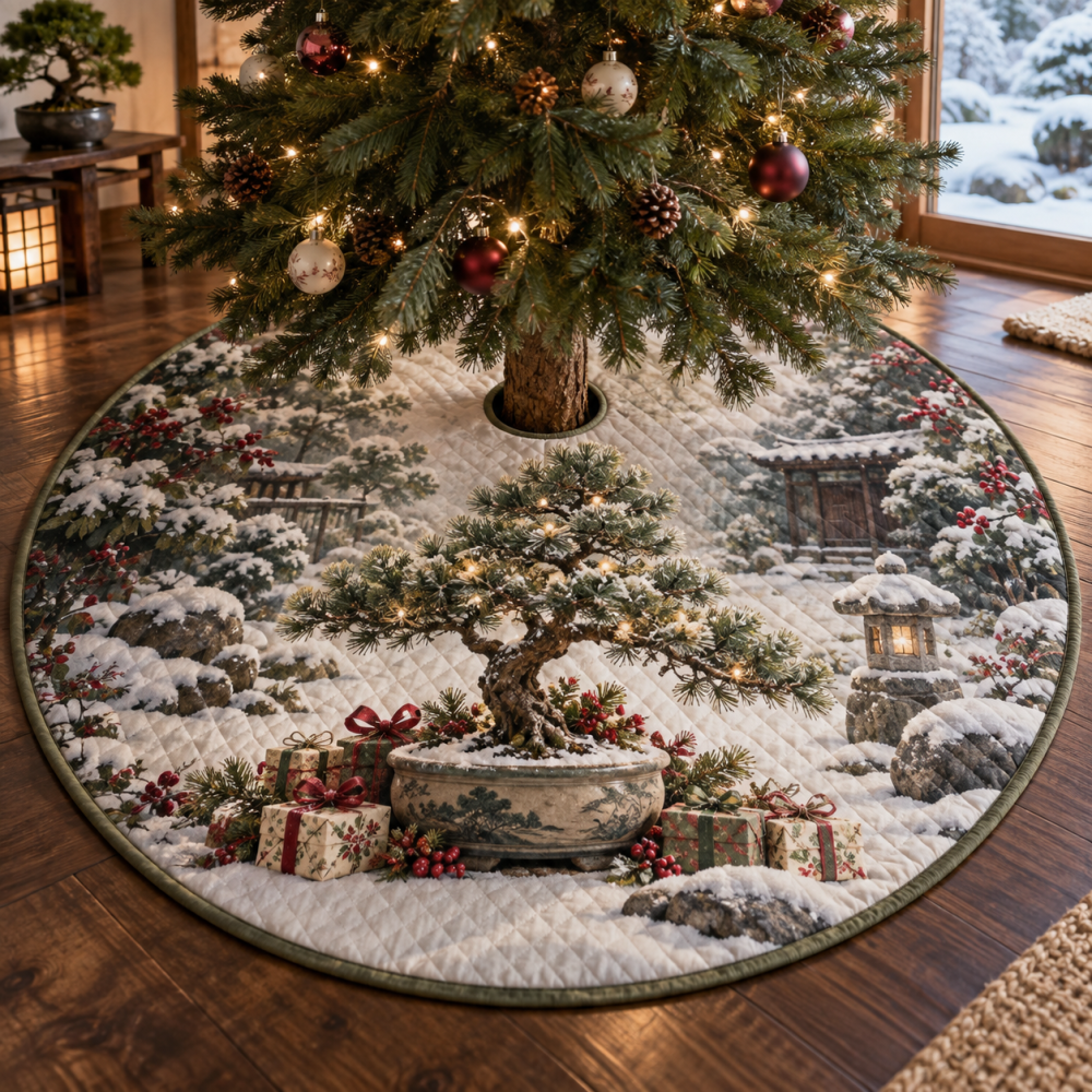 Artisan Quilted Bonsai Christmas Tree Skirt — 48-Inch Winter Bonsai Motif Holiday Tree Cover For Zen-Inspired Decor