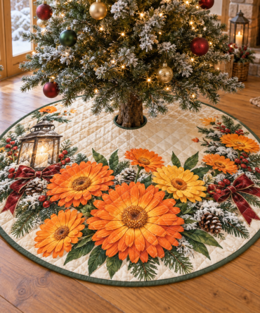 Luxurious Quilted Christmas Tree Skirt - Calendula Floral Holiday Collar, 48 Inch Round, Elegant Cozy Tree Base Cover