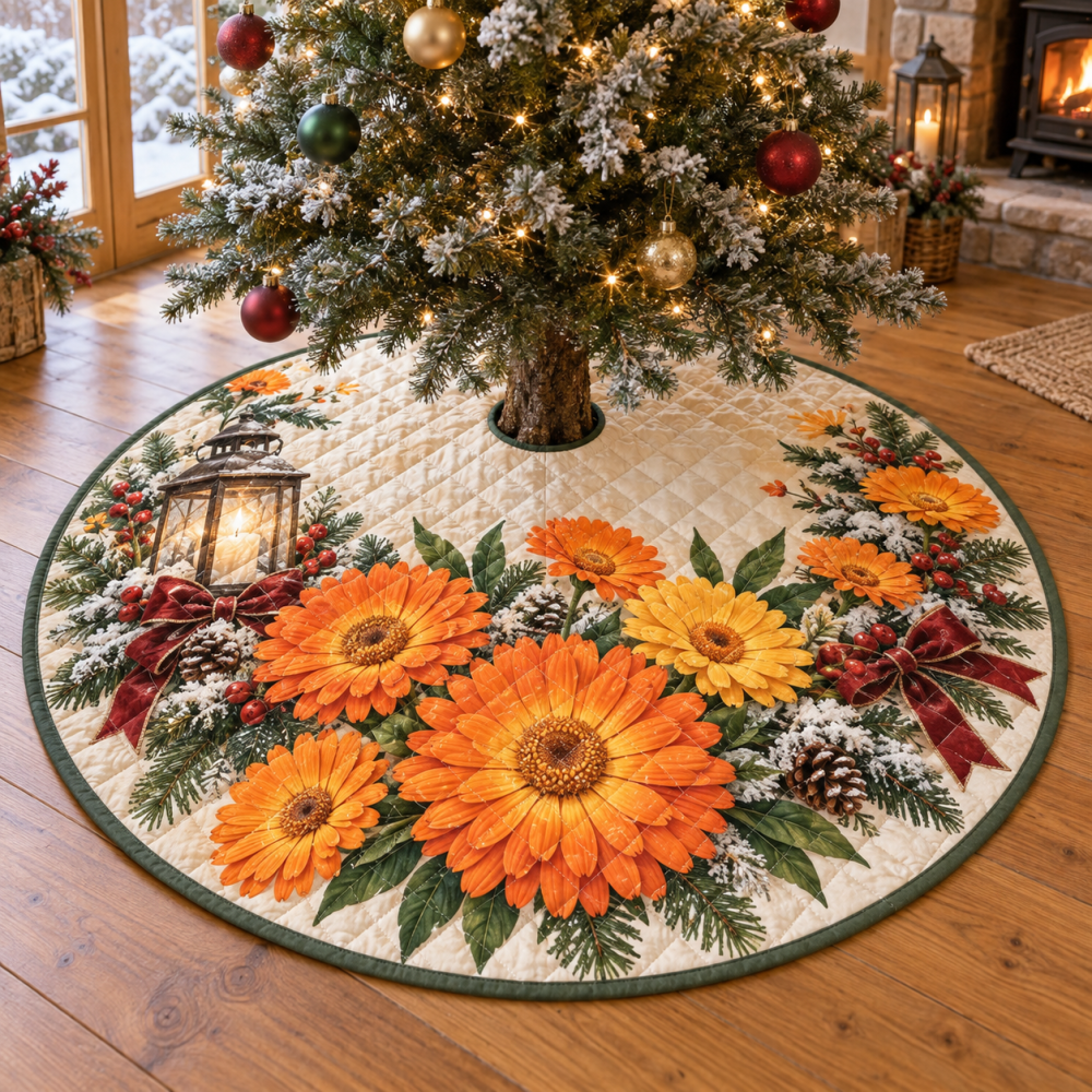 Luxurious Quilted Christmas Tree Skirt - Calendula Floral Holiday Collar, 48 Inch Round, Elegant Cozy Tree Base Cover