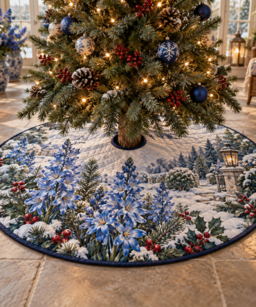 Plush Quilted Tree Skirt With Camassia Floral - Stylish Christmas Tree Base Cover, Soft Holiday Decor & Easy Maintenance